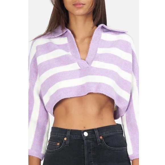 NWT LOVE LEMONS 90s Lavender Stripe V-Neck Oversized Soft Knit Cropped Sweater M - Picture 13 of 15